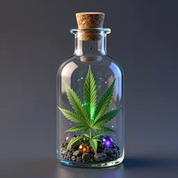 magic glass bottle produces unlimited cannabis leaf, potent spell potion neon octane caustics subsurface scattering render 8 k