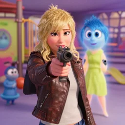 blonde female wearing a leather jacket on a kids playground while pointing an automatic rifle at the lens, walt disney motion pictures, inside out movie still, high detail, natural light, ray tracing, trending on artstation, 4 k, ultra hd, blu ray