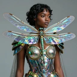 brown woman wearing a shiny dragonfly armor. dragon fly wings for hair. green, blue, and purple sheen. intricate. super detailed. layered. textured. award winning. dispersion of light. refracted lighting. soft. fragile.