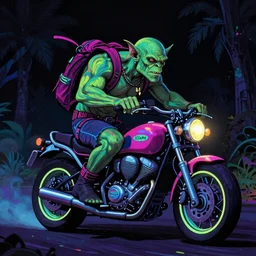 psychedelic blacklight airbrush art of an orc riding a motorcycle