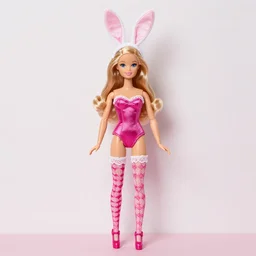 barbie doll, bunny costume, playboy, rabbit ears, plaid tights, full length, raspberry banana color, lace