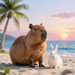 “capybara and bunny with black spots on face and nose, on the beach with blue water and white sand, swaying palms, photorealistic render, colorful sunset, unreal engine 5, dynamic lighting, trending on artstation,”