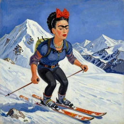 oil painting of Frida kahlo skiing down mount Everest with Salvador Dali, in the style of van Gogh