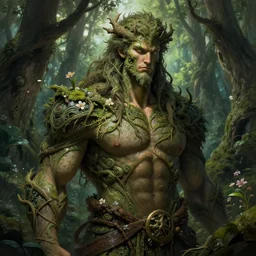 god of the forest, 3 0 years old, rugged, male, gorgeous, detailed face, vines. forest, trees, flowers, amazing, muscular, intricate, highly detailed, digital painting, artstation, concept art, sharp focus, illustration, art by greg rutkowski and alphonse mucha