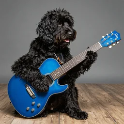 a portugese podengo dog playing the blues guitar