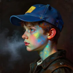 a baroque neoclassicist close - up side profile portrait of a colorful retrofuturistic blacklight uv cyborg boy with a baseball hat, glowing fog in the background. renaissance portrait painting. highly detailed science fiction painting by norman rockwell, frank frazetta, and syd mead. rich colors, high contrast, gloomy atmosphere, dark background. trending on artstation