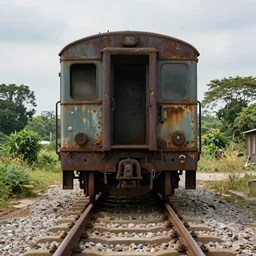 movie frame still of old and rusty railway car smeared with oil standing on rails, a beautiful view nature, 8 k, highly detailed, zenith view, ultra wide angle