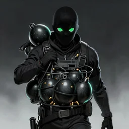 a saboteur carrying multiple bombs and bullets in his body, green eyes, highly detailed, digital art, sharp focus, ambient glow, trending on art station, anime art style