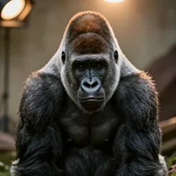 portrait photo of a curious silverback gorilla with joe biden's facial features looking into the camera, indoors, f 1. 4, golden ratio, rim light, top light, overcast day