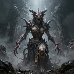 neo baroque lilith the mother of all monsters angry, raining ash, fine art masterpiece, highly detailed dino valls wayne barlowe machiej kuciara, dramatic lighting, long shot, wide angle, uhd 8 k, sharp focus