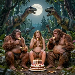 ultra realistic photo, three hairy fat neanderthal people, emma!! watson!!, eating outside, surrounded by dinosaurs!, gigantic forest trees, sitting on rocks, bright moon, birthday cake on the ground, front view