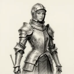2D pencil drawing, retrofuturism, medieval female knight with cybernetic implants and modern devices, artstation, ambient, cgsociety