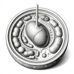 a black and white detailed anatomy of an eukaryotic cell showing the mucleus, mitochondria, golgi and endoplasmic reticulum, painting by mc escher