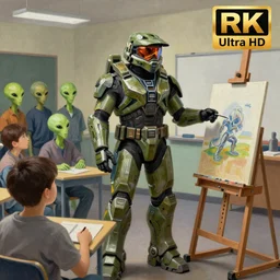 an impressionist painting of Master Chief from Halo in front of a class of 5 alien students, standing next to a painting easel, teaching art class, Ultra HD 8k
