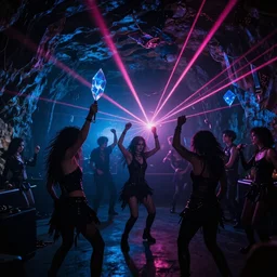 cinematic shot of a goth nightclub rave in a cave, brutal weaponry made of pink lasers and blue crystals, goth people dancing, 8k photograph