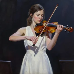 ellie from the last of us in a white dress playing the violin on stage. by Daniel F. Gerhartz, hyperrealistic oil painting, 4k, very detailed faces, studio lightning