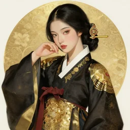 portrait of Korean female wearing Black and Gold sith robes, expressive pose, intricate, elegant, highly detailed, digital painting, artstation, concept art, smooth, sharp focus, illustration, art by artgerm and greg rutkowski and alphonse mucha