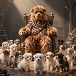 Jabba the hut sitting on his throne, with dozens of cute puppies surrounding him, HDRI photo