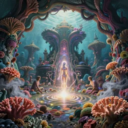 breathtakingly detailed art nouveau ultrawide angle photo, alien ocean coral structures frame circle, closeup a gleaming humans energy field emitting bright glowing ripples, spiritual aura, bizarre overgrown alien temple in background, vivid caustics, symmetry, very low angle shot, smoke rises from the coral flowers, by studio ghibli, peter mohrbacher, fenghua
