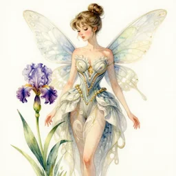 study of a flower fairy, wearing iris van herpen dress, illustration, watercolor, alan lee, detailed, pretty, ethereal, realistic, artstation,