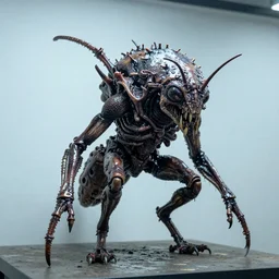 photo taken of an epic intricate, ultra detailed, super realistic gritty, wet, slimy, lifelike sculpture of a nightmarish hellish insectoid creature created by weta workshop, zoomed in shots, photorealistic, sharp focus, white wall coloured workshop, extremely cold blueish colour temperature, f 0. 4, full body shot, golden ratio