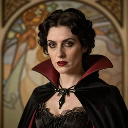 portrait of a lady vampire, 35mm, 1800s, depth of field, DOF, ominous, sharp, highly detailed, photorealistic, realistic, unreal 5, high definition, 8k, deviantart, donato giancola, irwin penn, Alphonse Mucha