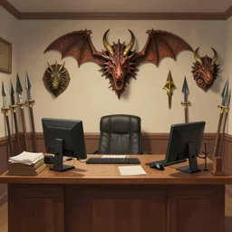 the inside of a dragon hunters office with weapons and dragon head trophies, in the style of a masterpiece digital illustration