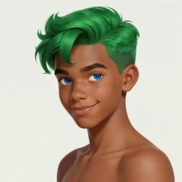 a green haired teenager, blue eyes, brown skin, cheeky smile, deep focus, elegant, digital painting, smooth, sharp focus, golden ratio, illustration, ultra realistic, 8 k, art by artgerm and caravaggio