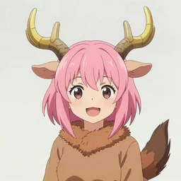 An anime portrait of a smiling young woman with short pink hair, gold and yellow notched antlers, half goat, brown fur, brown tail, medium shot, whole head, trending on artstation