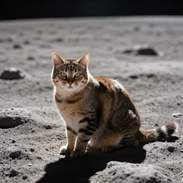 A content cat warming itself in a sunbeam on the lunar surface