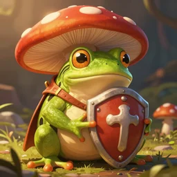 a frog knight with a mushroom shield, cartoon, artstation, cgsociety, ambient lighting