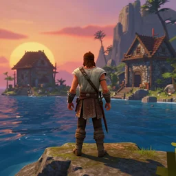 full length portrait of a male warrior exploring a mysterious abandoned village near the ocean, rendered in bryce 3 d in the 9 0 s, video game, prerendered 3 d cgi, ray - tracing, water ripples, sunset, vibrant color, mysterious atmosphere, depth of field, cinematic lighting, focused, rule of thirds, trending on artstation