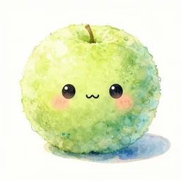lightly lime colored cute puff ball with adorable face, beautiful watercolor painting