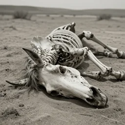 skeleton of a horse in an arid desert laying dead on ground, sand covering it partially, western cinematic shot, close - up, moody, monochrome, lost, abandoned, horrific