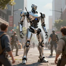 robotic rebellion, cyborgs raise against humans in the streets, octane render, photo realistic, hyper realistic, 8 k resolution