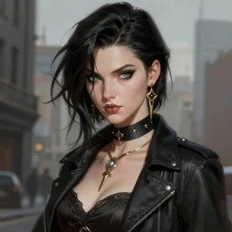 a portrait of bayonetta, upper half portrait, urban motifs, intricate, elegant, highly detailed, digital painting, trending on artstation, concept art, smooth sharp focus, illustration, art by artgerm and greg rutkowski