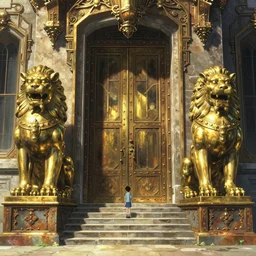 establishing shot, anime, person dwarfed by colossal brass lion statues, animation key shot of the great wing temple, ultra wide, door, stone steps, symmetrical statues, sunlight, ornate, rust, art deco, european, versailles, metal rivets, by ghibli, shinji kimura, fantastic architecture, dry, dapple sunlight, back lit