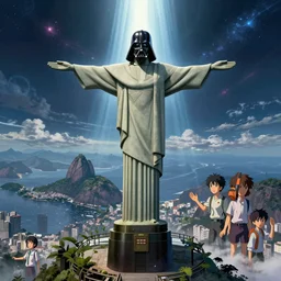 a highly detailed matte painting of the darth vader as the christo redentor standing over rio de janeiro, ultrawide lens, by dan mumford, yusuke murata, makoto shinkai, ross tran, cosmic, heavenly, god rays, intricate detail, cinematic, 8 k, cel shaded, unreal engine, featured on artstation, pixiv