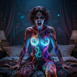 rage!!!, rgb, glowing, woman, cinematic, movie scene, inspired by zdzislaw beksinski, clothes made out of veins,, cables everywhere, bedroom, ultra realistic, concept art, intricate details, highly detailed, photorealistic, octane render, 8 k