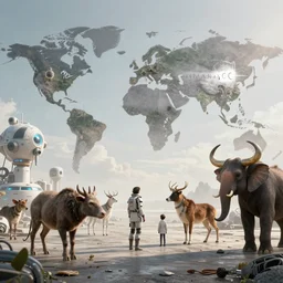 a scene from interstellar where animals and technologies rule the world while the human race is regaining strength in a dystopian world, 4 k, hyperrealistic