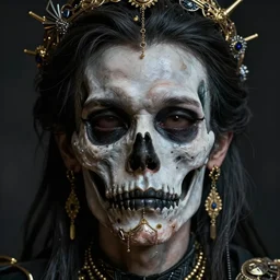 realistic portrait of a dead man, dark art, gold, silver ornaments, facing camera, photo realistic, detailed, 1 4 5 0, delicate, hyper realism, ultra realistic, 8 k