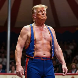trump being shown off at a circus as the tallest man in the world