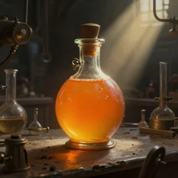 a steampunk painting of a vintage orange / yellow poision potion bottle, lit by a single ray of sunlight in a dark dusty vintage science lab, by h. r. giger, hyperrealistic fantasy art, concept matte, ethereal, dreamy, digital art, trending on artstation, volumetric cinematic lighting