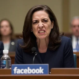 Movie still of a snarling, contemptuous Sheryl Sandberg testifying in Congress in Facebook The Movie (2017), directed by Steven Spielberg