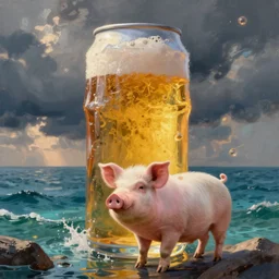 a gigantic can of beer sitting in an ocean, a pig is standing in the forefront, digital art, painting,
