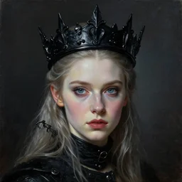 The portrait of Hunter Schafer !!!!!!!!!!!!!!!!!!!!!!!!!!!! in black wax crown by Roberto Ferri, dark fantasy, witcher, very detailed oil painting, masterpiece, 8k
