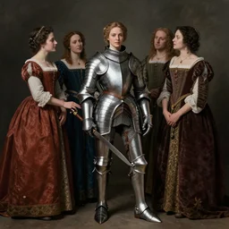 dynamic fullbody portrait of a beautiful!!! female knight donning her armor with the help of two maids, renaissance dresses and mood, by greg rutkowski and gaston bussiere and craig mullins and j. c. leyendecker