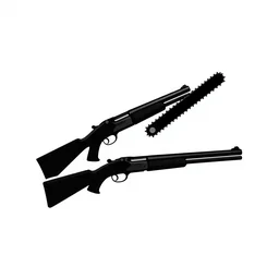 minimalistic logo with two shotguns and chainsaw, vector graphic, 4 k, white background