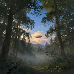 A beautiful forest, with tall trees and soft leaves, blanketed in a thin layer of mist. The sun is setting, and the sky is a deep blue. In the distance, you can see a wooden airship sailing through the clouds, by Caspar David Friedrich, trending on artstation.