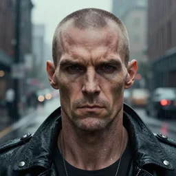 a close up portrait of roy batty from blade runner, rainy streets in the background, digital art by ross tran and angel ganev, highly detailed, trending on behance